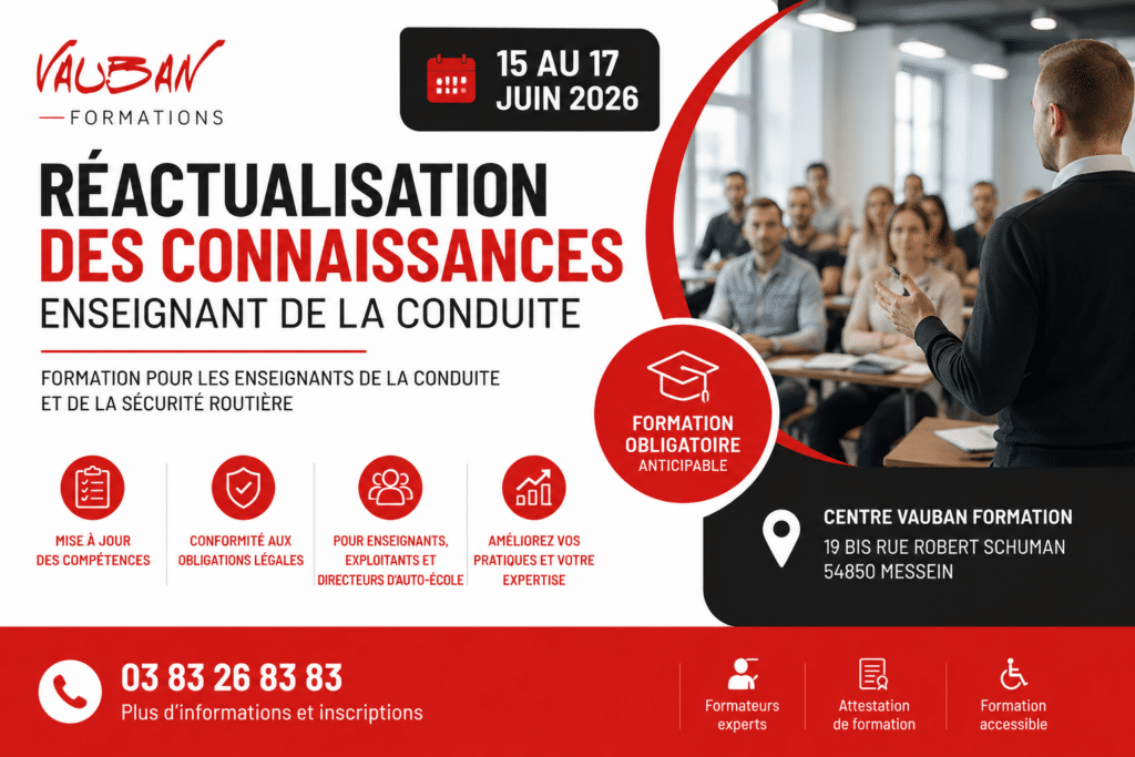Formation de réactualisation des connaissances pour enseignants de la conduite et exploitants d’auto-école à Messein près de Nancy.